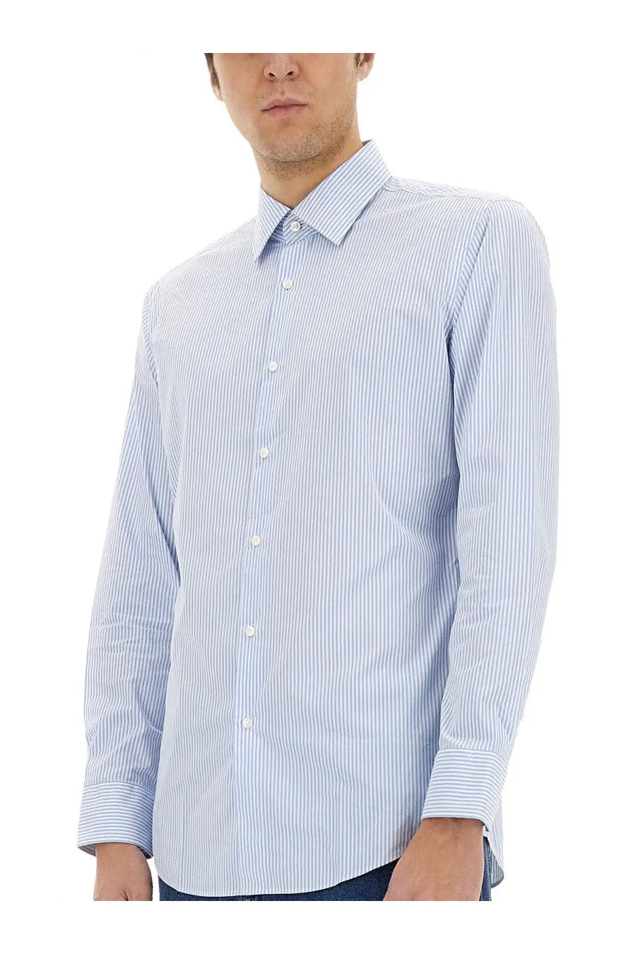 BOSS men’s striped shirt blue light blue and white vertical stripes classic collar button-down front and folded cuffs