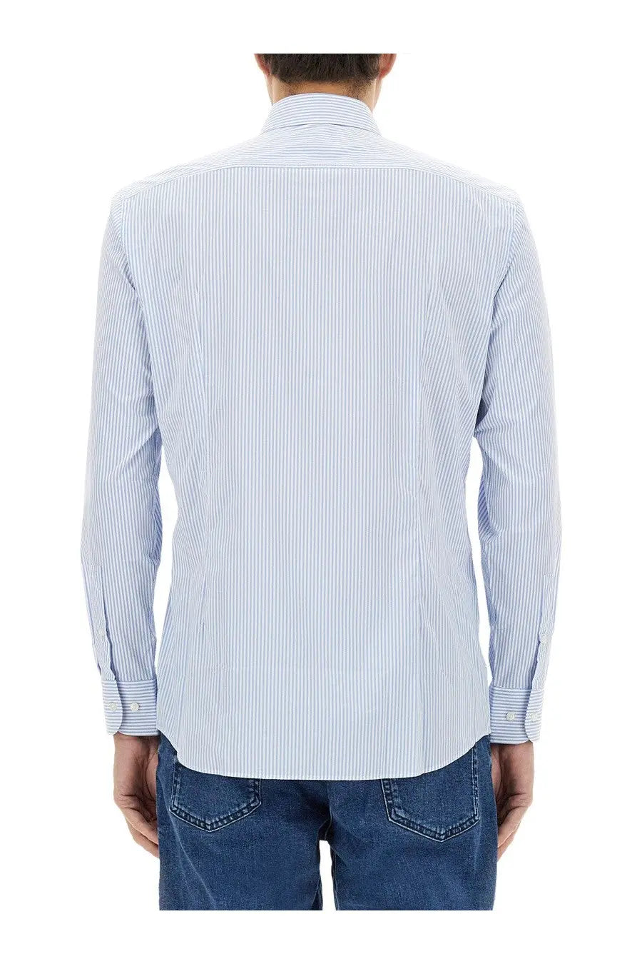 BOSS men’s striped shirt blue long-sleeved dress shirt with light blue and white vertical stripes and classic collar