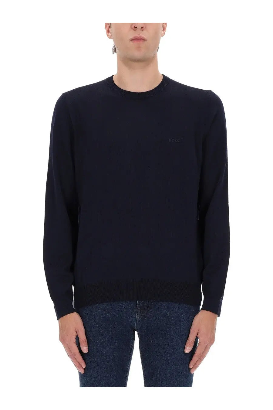 Boss men’s black crewneck sweater with subtle embroidered logo on left chest perfect for casual wear