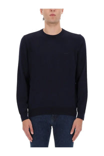 Boss men’s black crewneck sweater with subtle embroidered logo on left chest perfect for casual wear