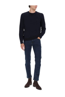 Navy blue crewneck sweater by BOSS for men made from soft fabric ideal for casual and formal wear