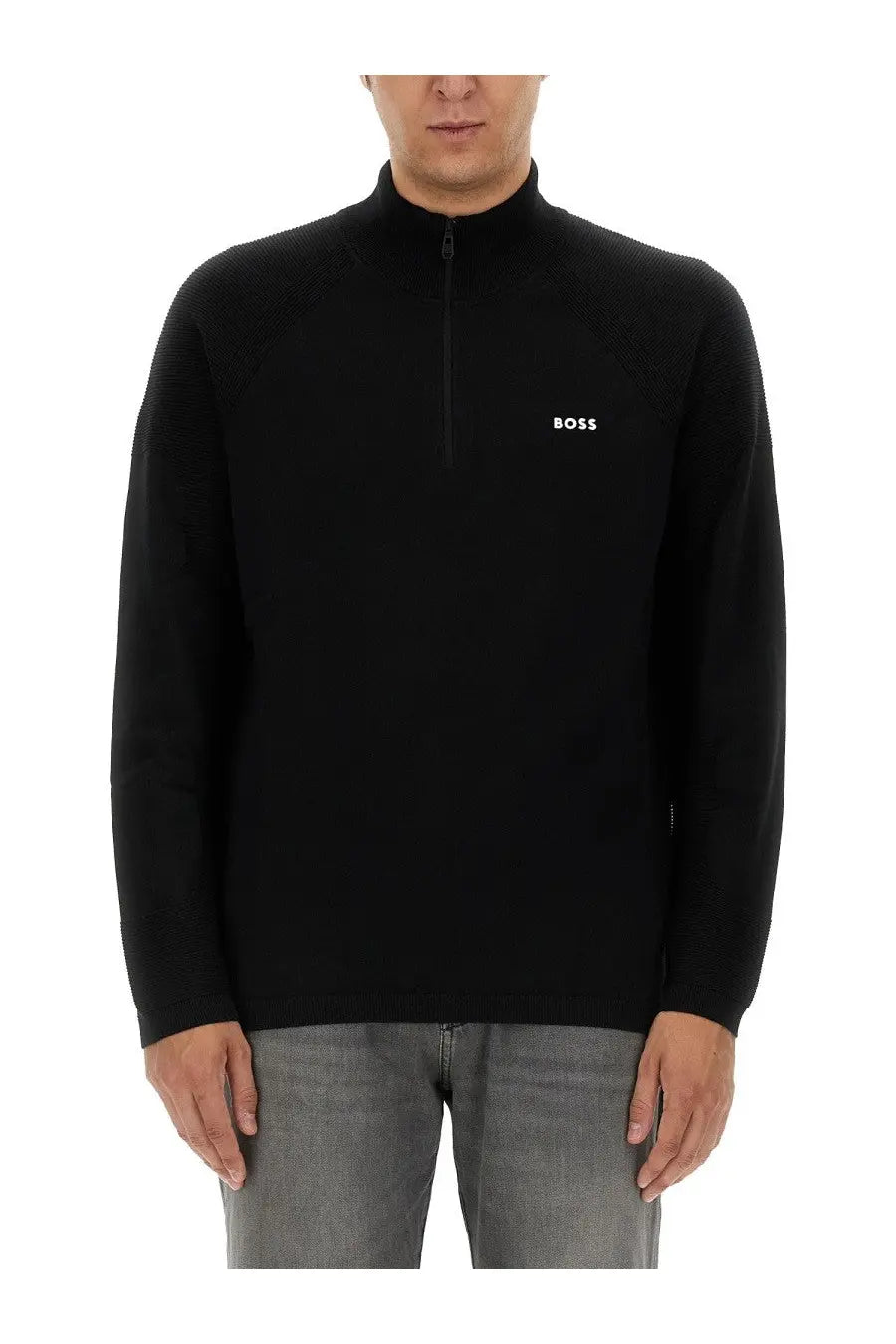 BOSS men’s sweatshirt black half-zip sweater with subtle textured knit and white logo on the chest