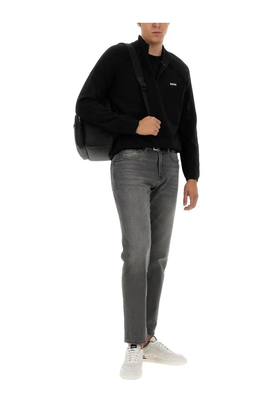 BOSS men’s black zip-up sweater with subtle chest logo perfect for casual and formal wear