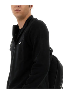 Boss men’s black zip-up hoodie with textured fabric and subtle white logo on the chest perfect for casual wear