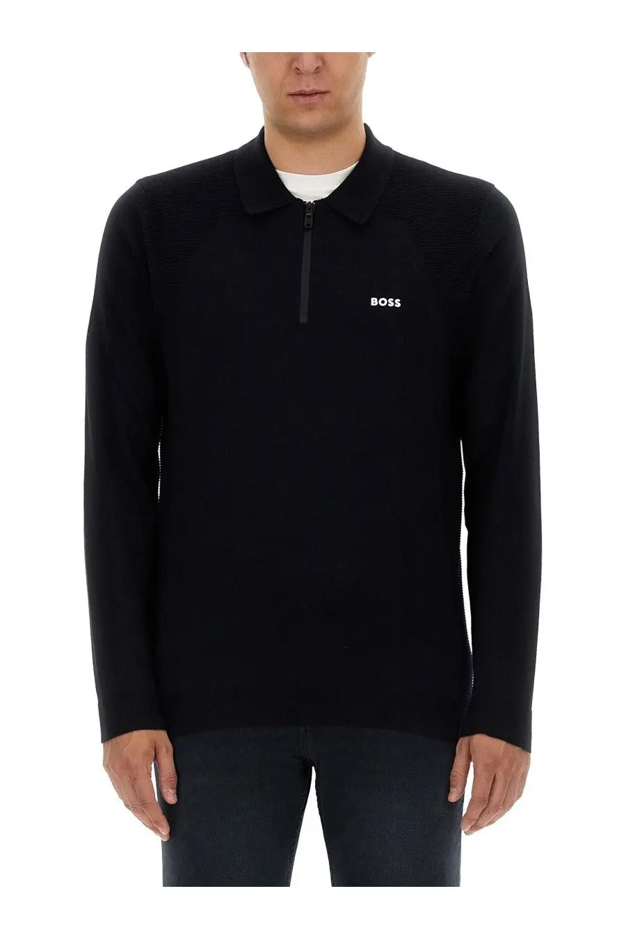 Black hugo boss polo shirt with half zip and subtle textured knit in a boss mens sweatshirt blue collection
