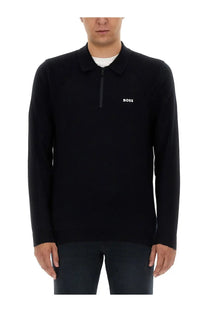 Black hugo boss polo shirt with half zip and subtle textured knit in a boss mens sweatshirt blue collection