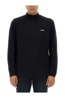 Boss men’s black quarter-zip knit sweater with subtle textured pattern and white logo on the chest
