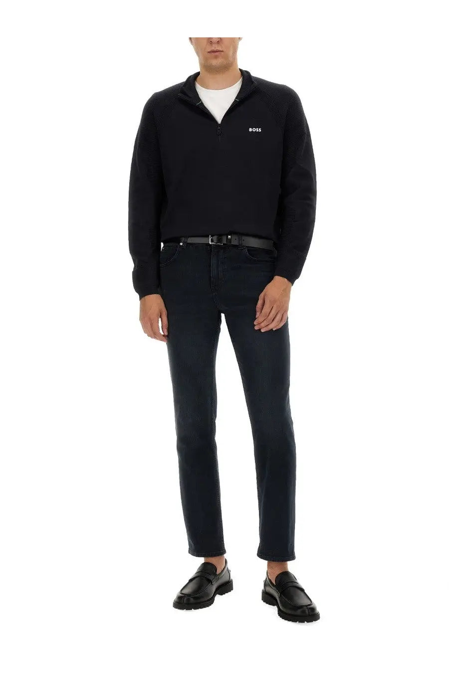 Boss men’s blue sweatshirt with black zip neck sweater and subtle white logo on the chest