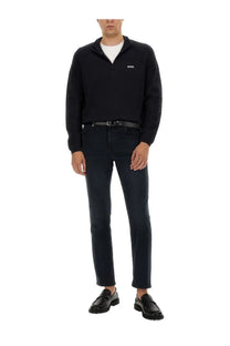 Boss men’s blue sweatshirt with black zip neck sweater and subtle white logo on the chest