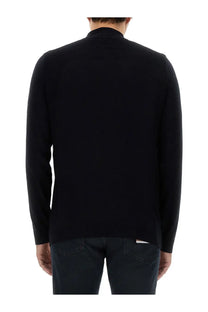 Black knit long-sleeved sweater with ribbed collar and cuffs featured in BOSS men’s sweatshirt blue collection