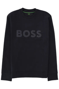 Boss men’s sweatshirt in black with a subtle gray logo and neon green trim at the neckline