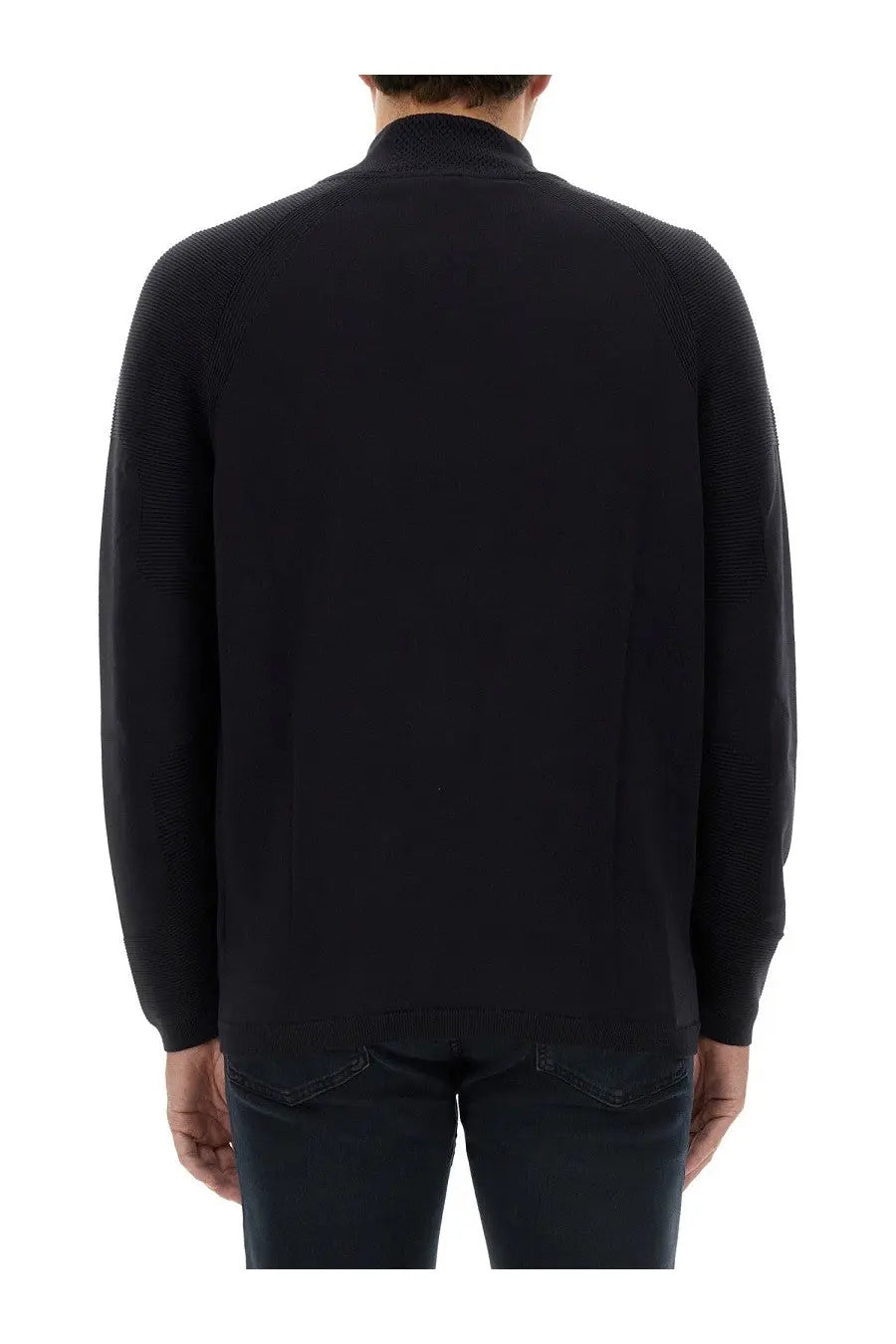 Black textured knit bomber jacket with ribbed cuffs and collar shown with BOSS men’s sweatshirt blue product title