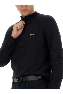 BOSS men’s black textured knit quarter-zip sweater with white boss logo on chest, comfortable and stylish sweatshirt
