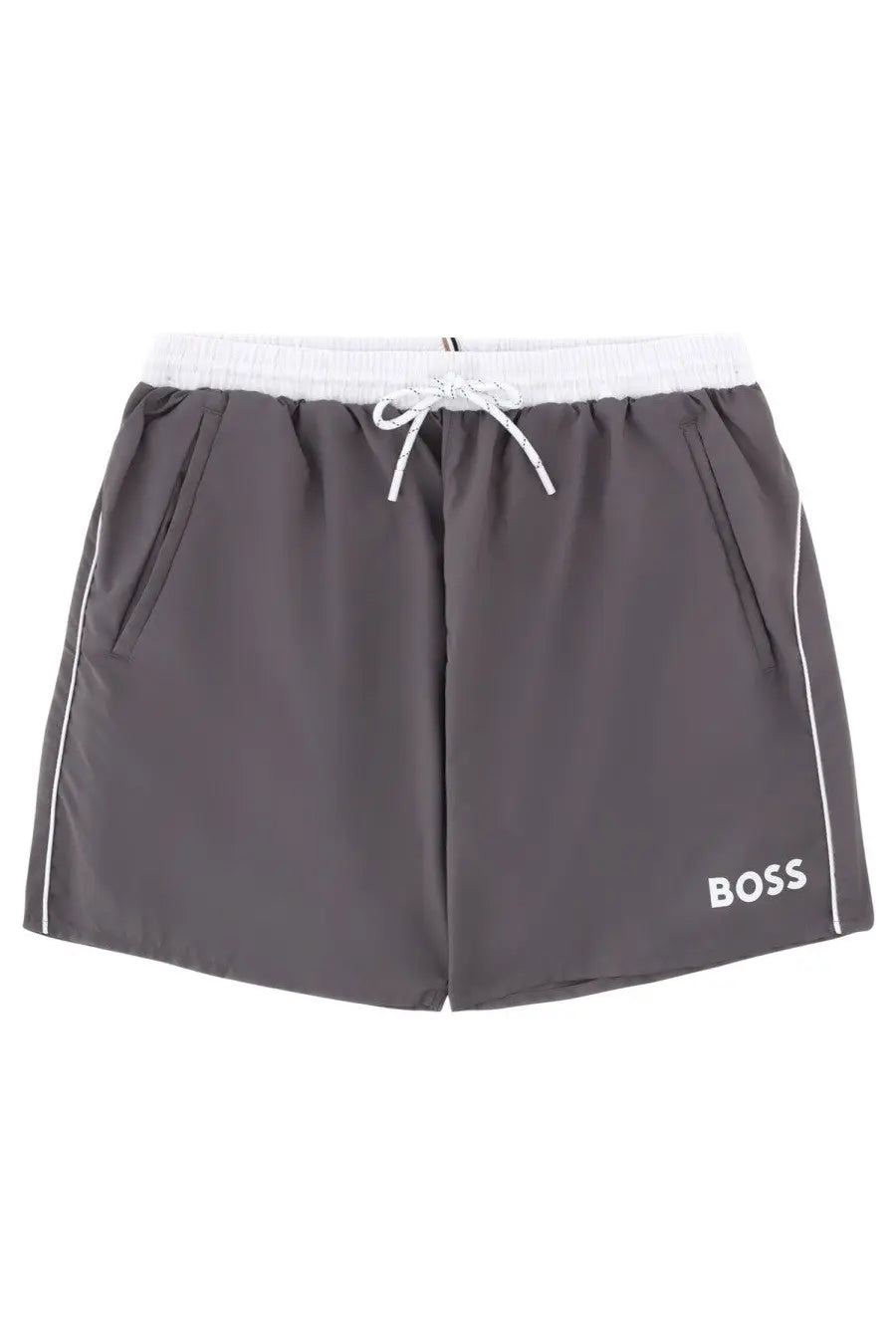 BOSS men’s swimsuit grey dark gray swim trunks with white drawstring and side stripes featuring boss logo on lower right leg