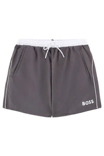 BOSS men’s swimsuit grey dark gray swim trunks with white drawstring and side stripes featuring boss logo on lower right leg