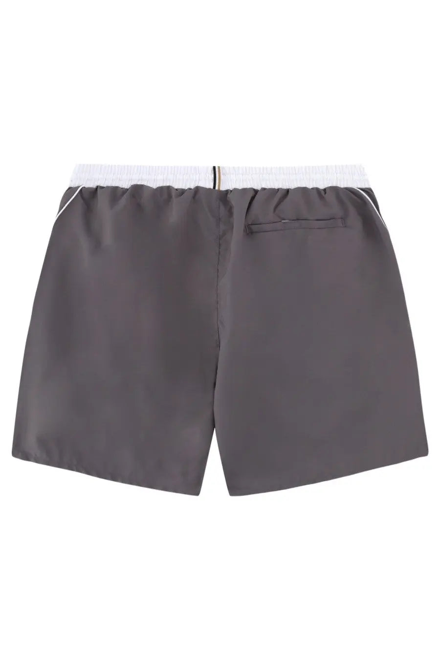 BOSS men’s swimsuit grey with gray athletic shorts featuring a white elastic waistband and subtle side stripes