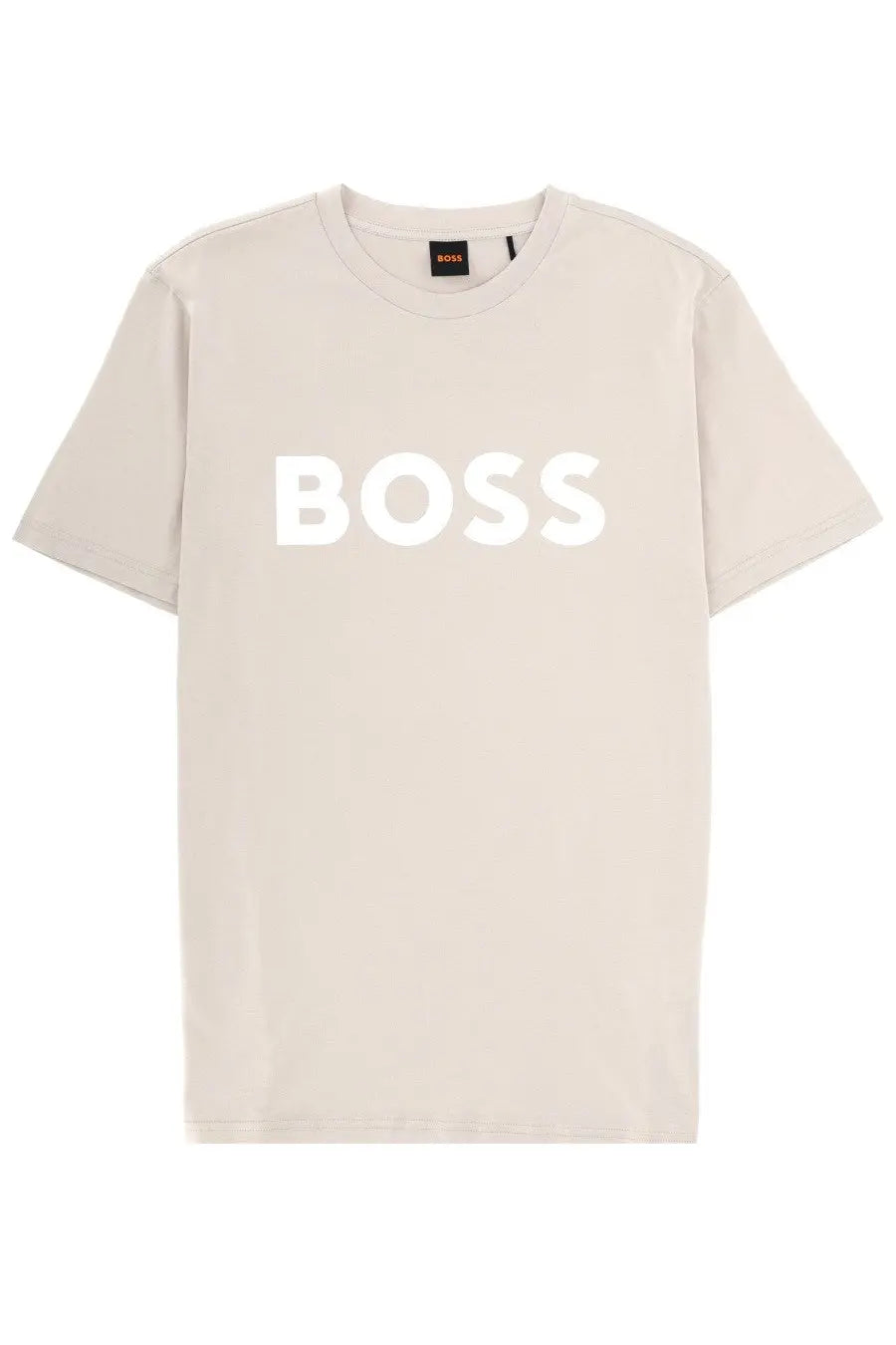 Beige BOSS men’s thinking shirt featuring bold white boss lettering across the chest in a comfortable fabric