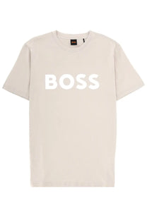 Beige BOSS men’s thinking shirt featuring bold white boss lettering across the chest in a comfortable fabric
