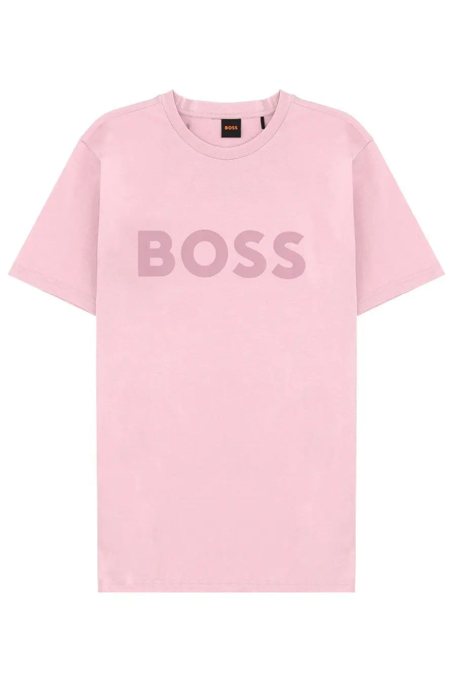 A soft pink boss men’s t-shirt with a matching oversized logo printed across the chest in cotton fabric