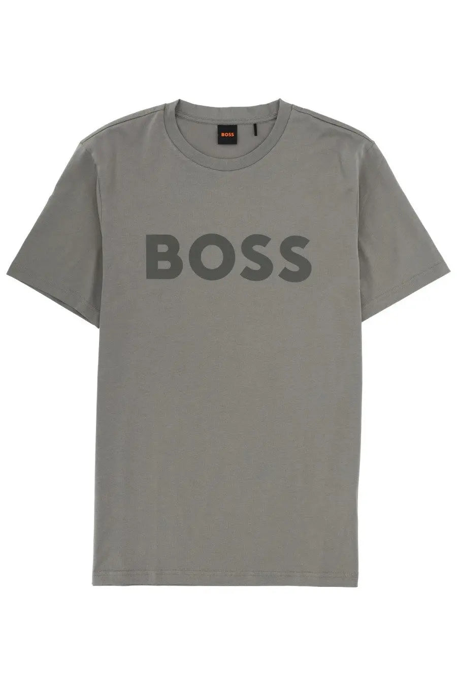 A gray short-sleeved BOSS men’s thinking shirt with a bold dark gray boss logo printed across the chest