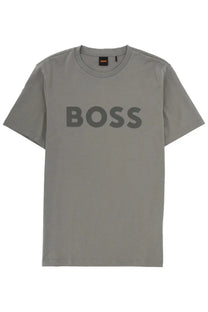 A gray short-sleeved BOSS men’s thinking shirt with a bold dark gray boss logo printed across the chest