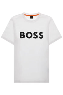 BOSS men’s thinking shirt white with bold black lettering on chest and orange inner collar tag