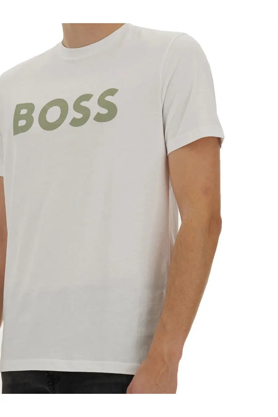 BOSS men’s white thinking shirt with olive green boss lettering across the chest in soft cotton material