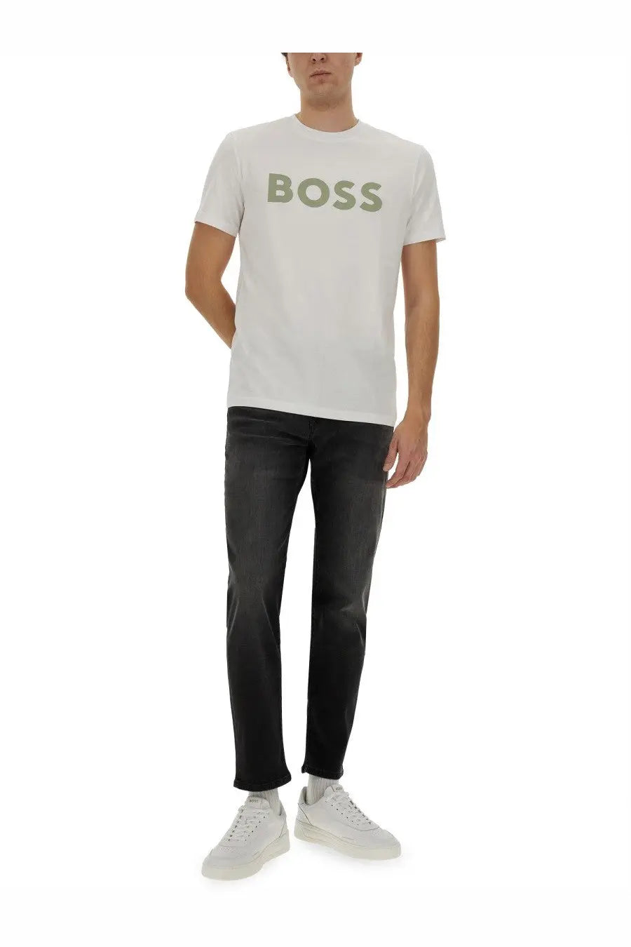 Boss men’s thinking shirt white featuring a white t-shirt with an olive green logo on the front