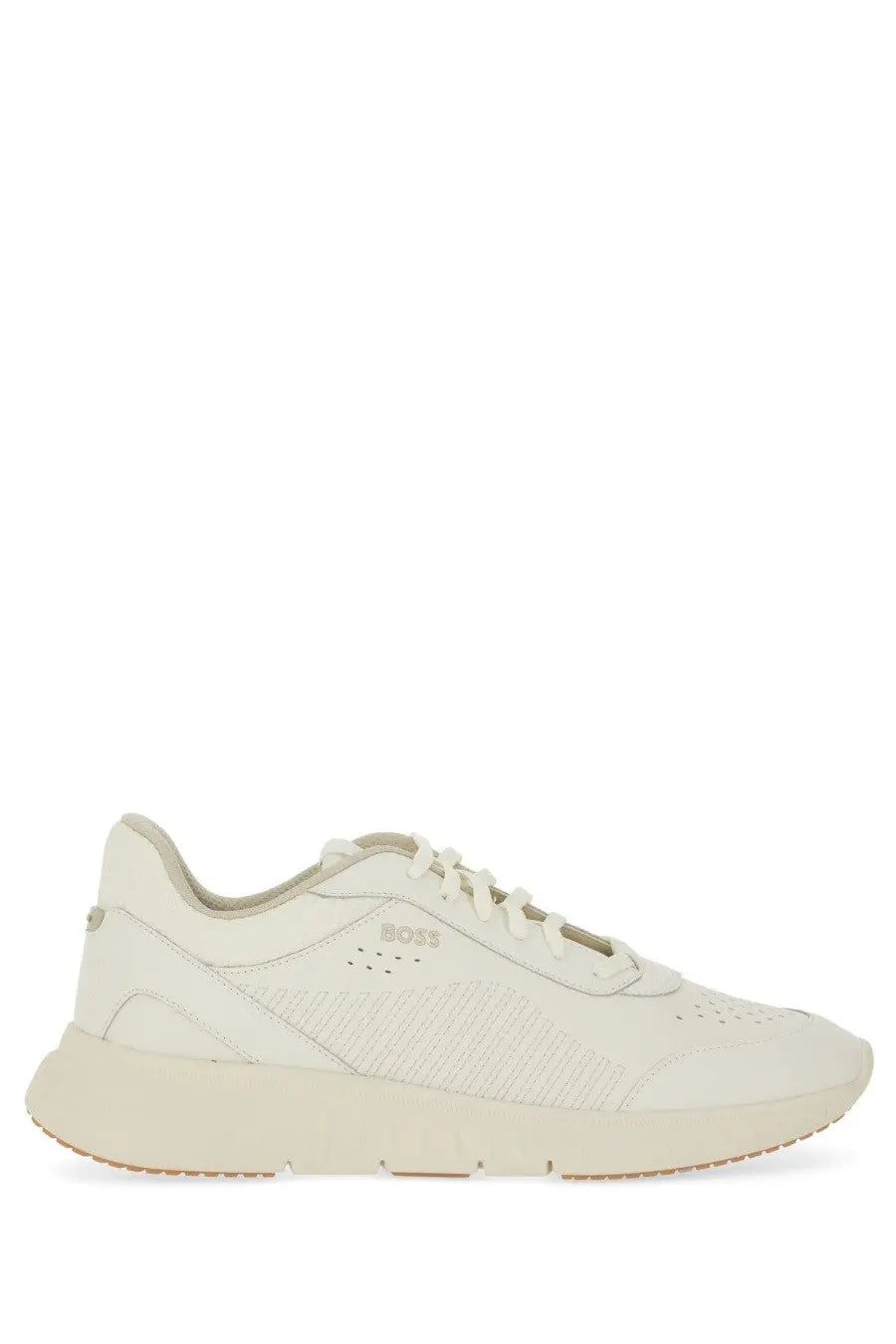 Cream-colored leather BOSS men’s Titanis sneaker with textured pattern and subtle branding on the side