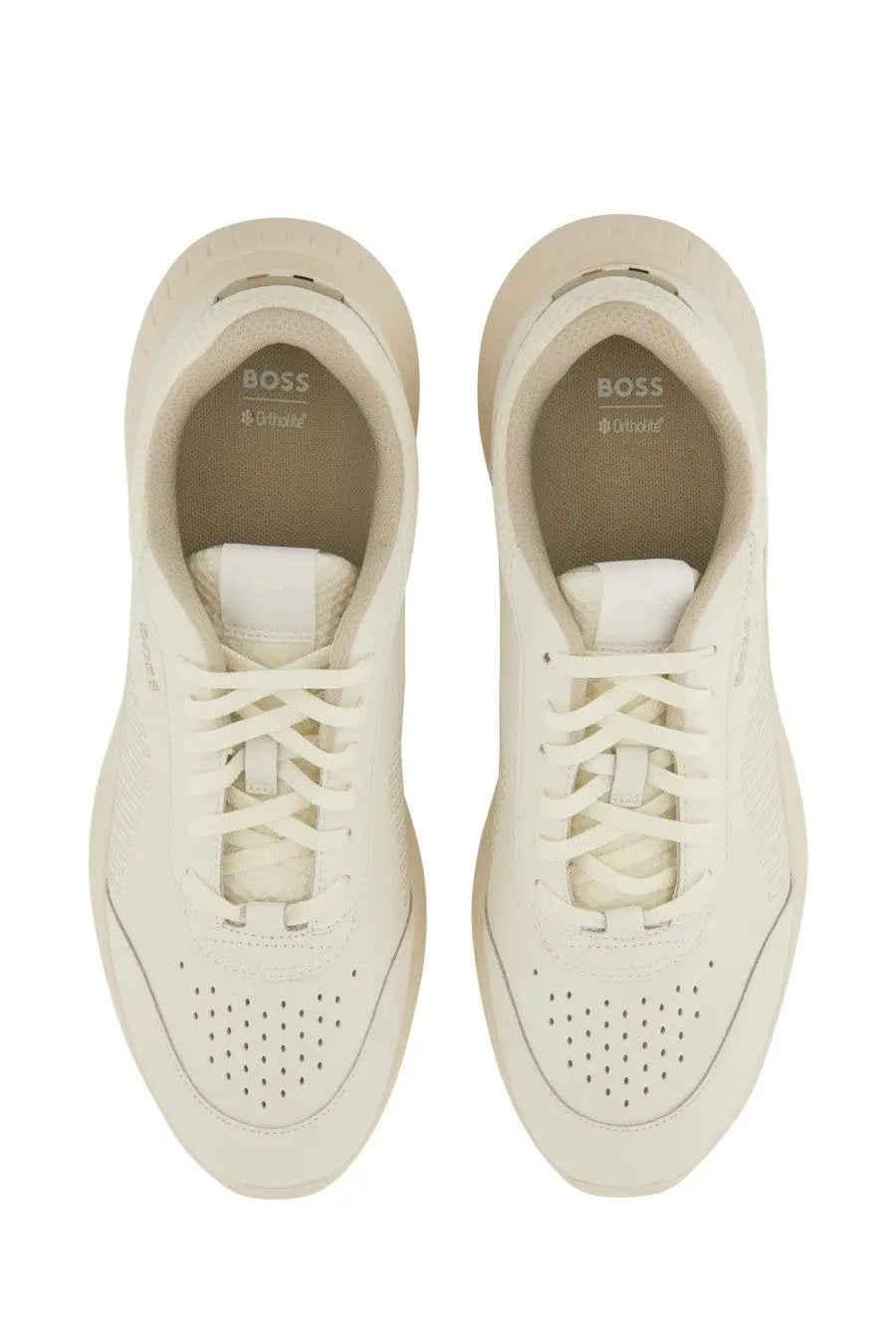 Cream-colored BOSS men’s Titanis sneaker with sleek modern design and perforated detailing in white leather