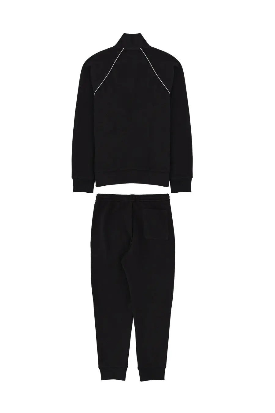 BOSS men’s black athletic tracksuit set with white contrast stitching along shoulders and sleeves