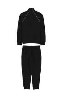 BOSS men’s black athletic tracksuit set with white contrast stitching along shoulders and sleeves