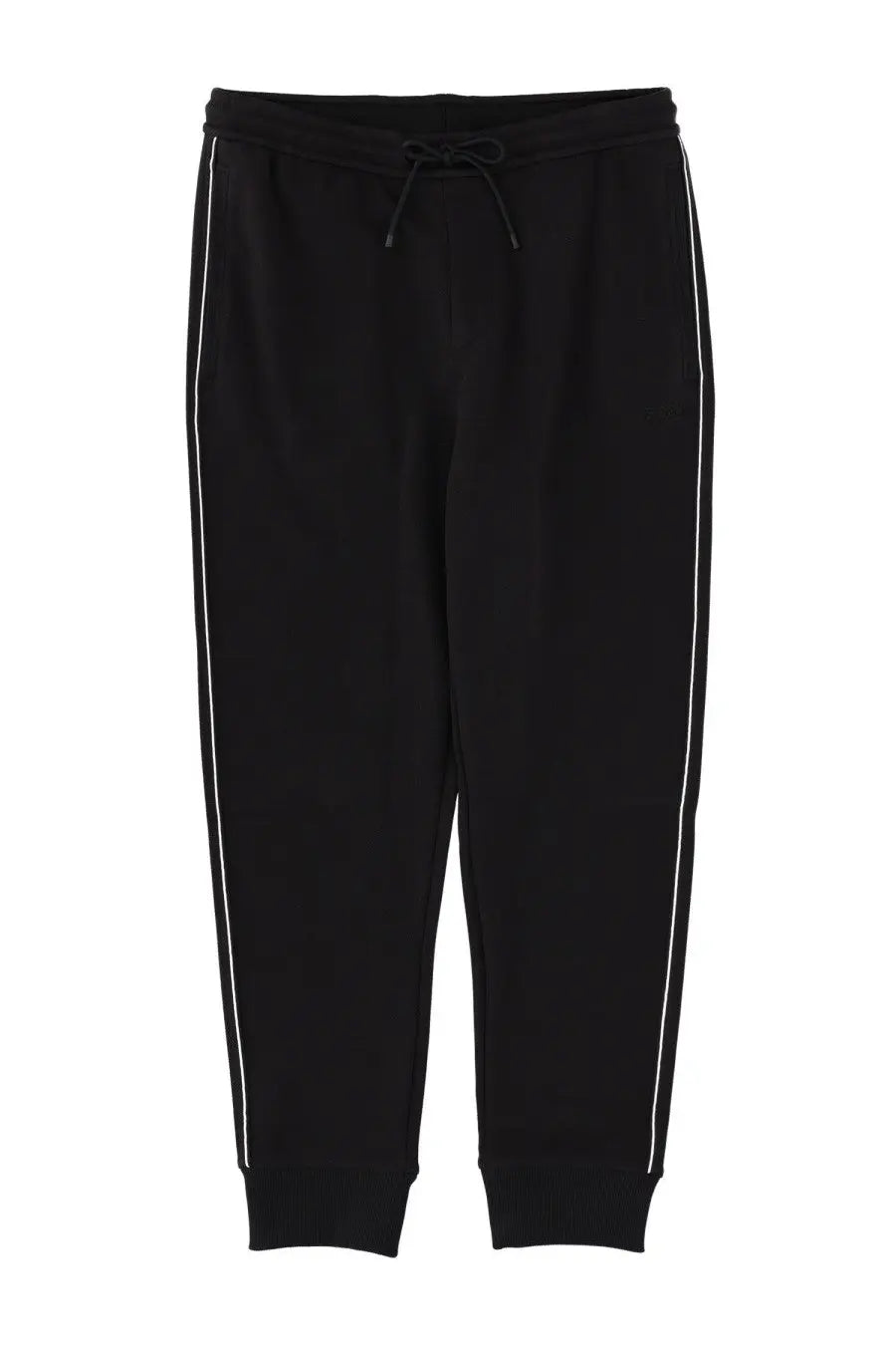 Boss men’s tracksuit set black featuring black joggers with white side stripes and adjustable drawstring waistband