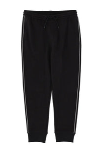 Boss men’s tracksuit set black featuring black joggers with white side stripes and adjustable drawstring waistband