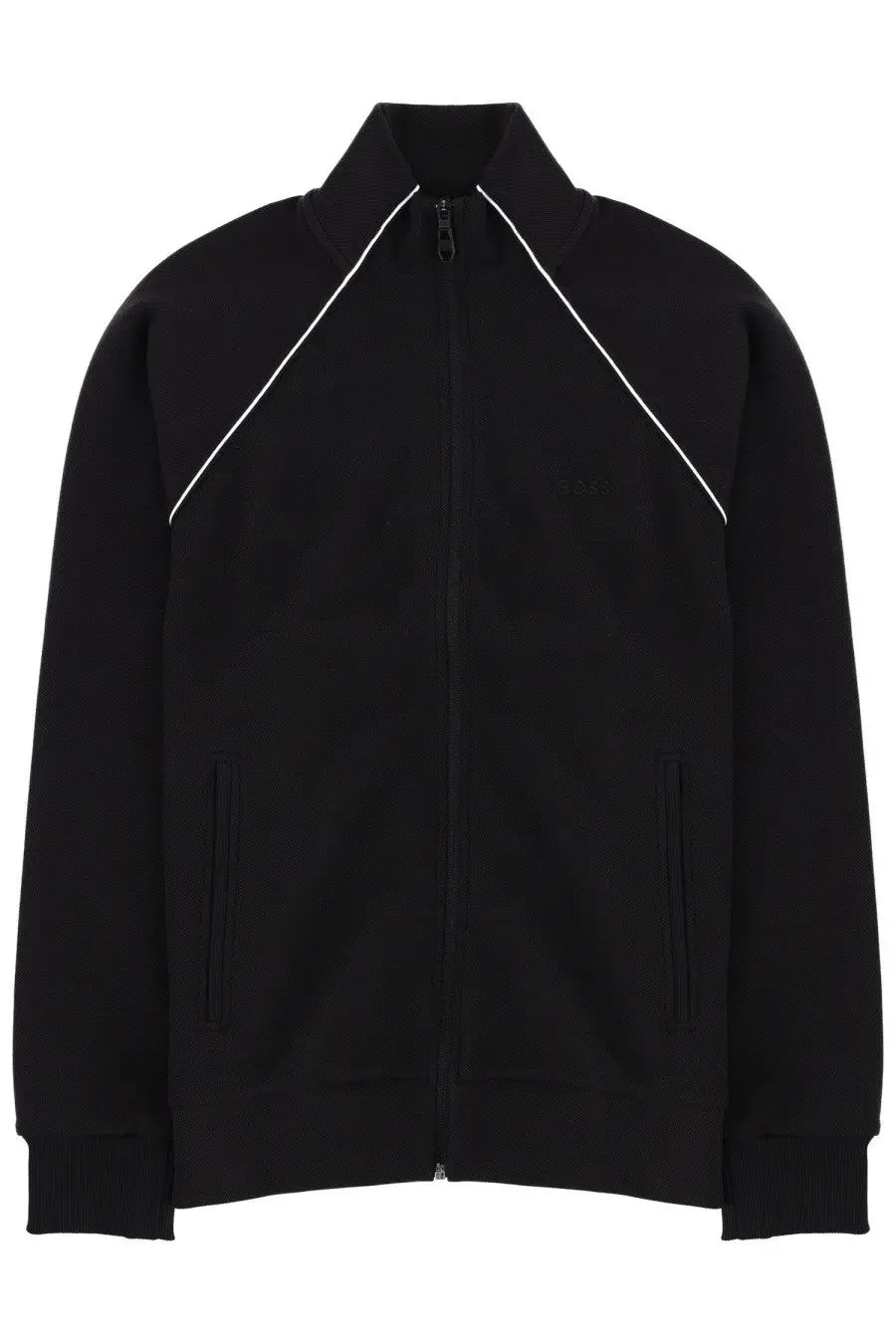 Boss men’s black zip-up track jacket with white diagonal piping on shoulders and sleeves for casual wear