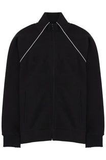 Boss men’s black zip-up track jacket with white diagonal piping on shoulders and sleeves for casual wear