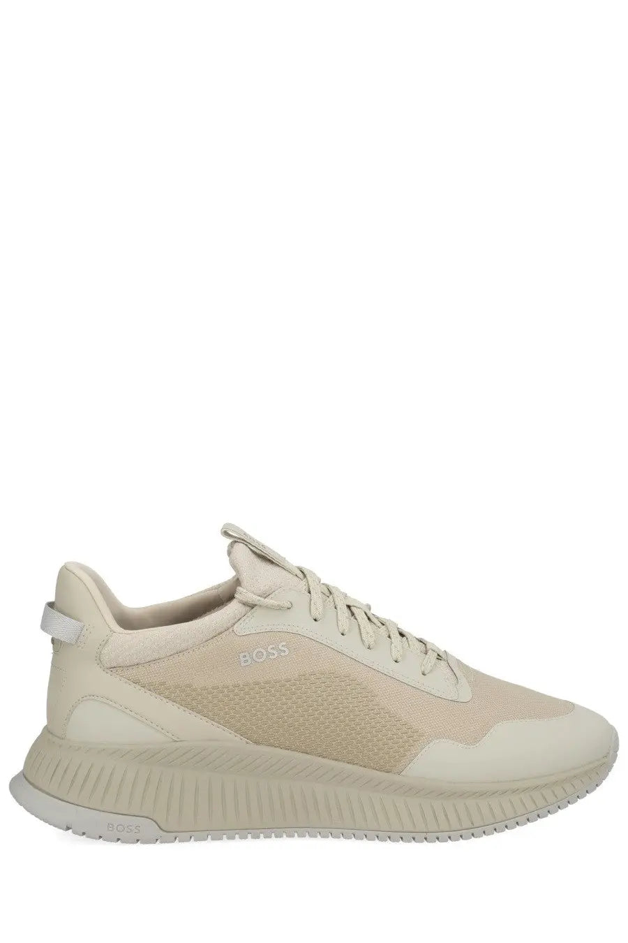 Beige BOSS men’s Ttnm Evo sneaker with mesh and suede upper and ribbed rubber sole