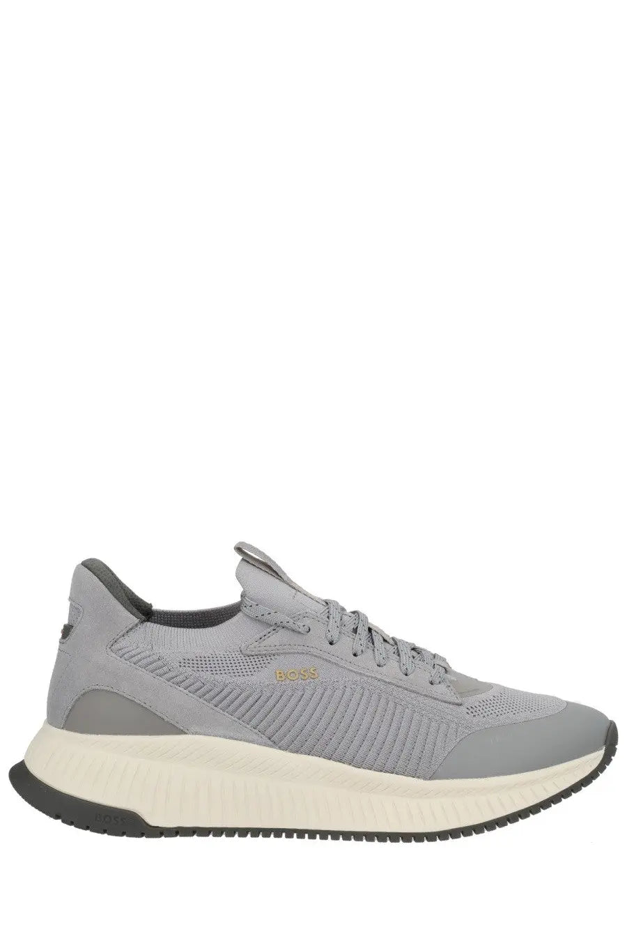 BOSS men’s Ttnm evo sneaker grey with grey mesh and suede upper cream midsole and black outsole