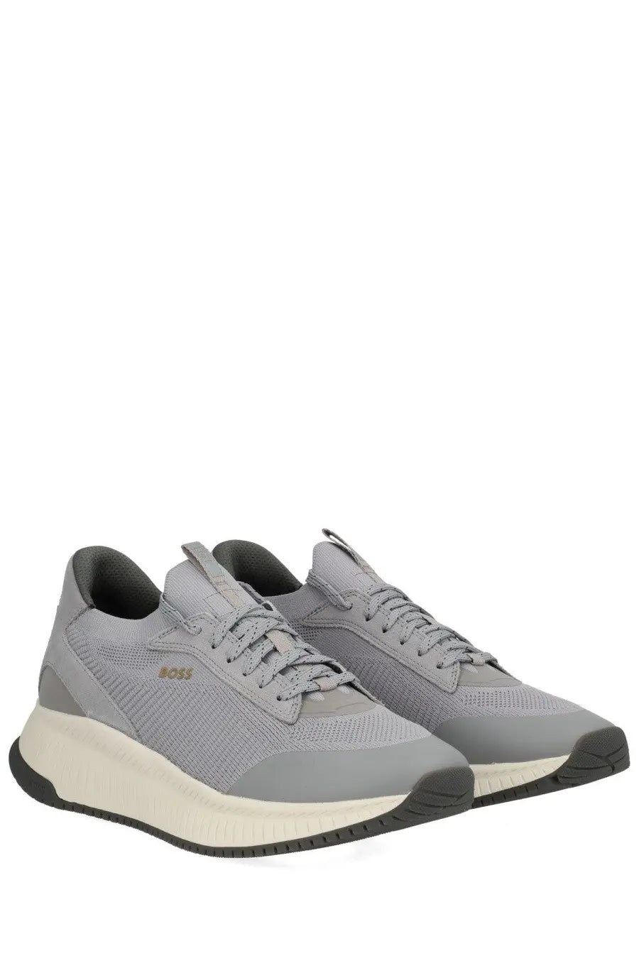 BOSS men’s Ttnm Evo sneaker grey with gray mesh and suede, cream midsole, black outsole, and mos logo on the side