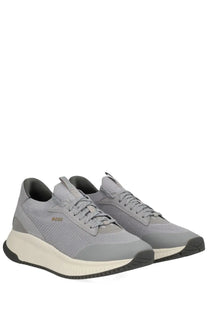 BOSS men’s Ttnm Evo sneaker grey with gray mesh and suede, cream midsole, black outsole, and mos logo on the side