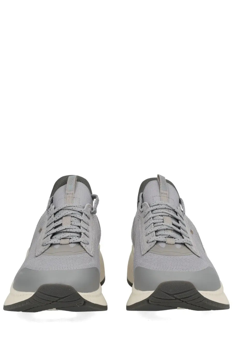 BOSS men’s Ttnm Evo sneaker in grey mesh and synthetic leather with chunky white and black sole
