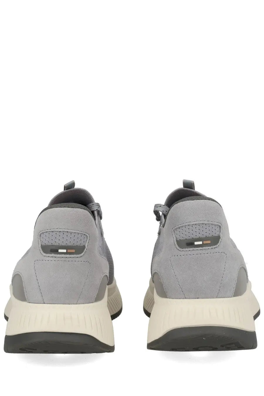 Back view of boss men’s ttnm evo sneaker grey in gray suede and mesh with cream midsole and tommy hilfiger logo on heel