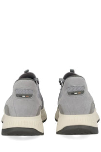 Back view of boss men’s ttnm evo sneaker grey in gray suede and mesh with cream midsole and tommy hilfiger logo on heel