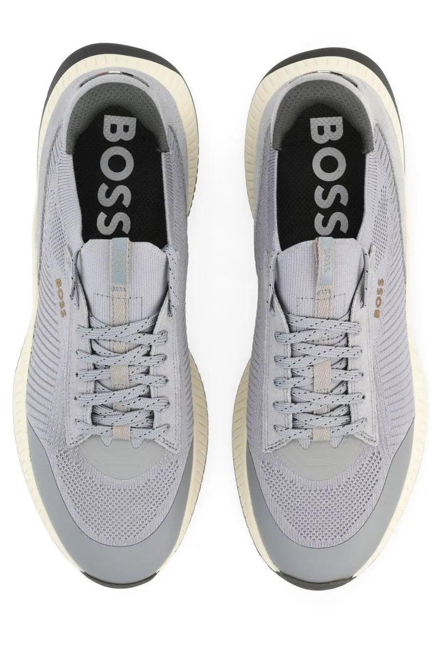 Light gray mesh boss men’s ttnm evo sneaker with white and black sole and boss logo on the insole