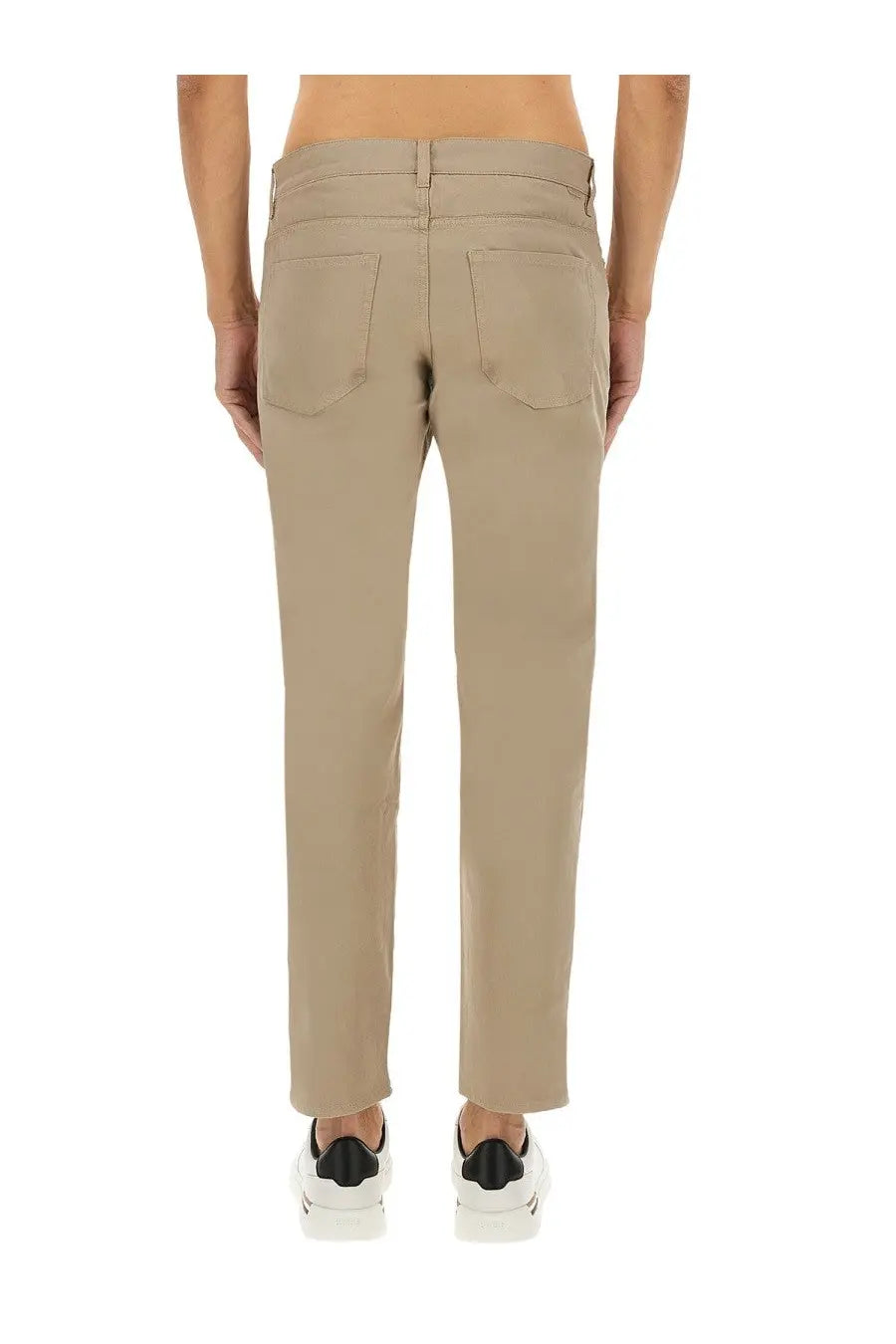 Beige boss men’s twill chino trousers with a straight-leg cut and rear pockets shown from the back side