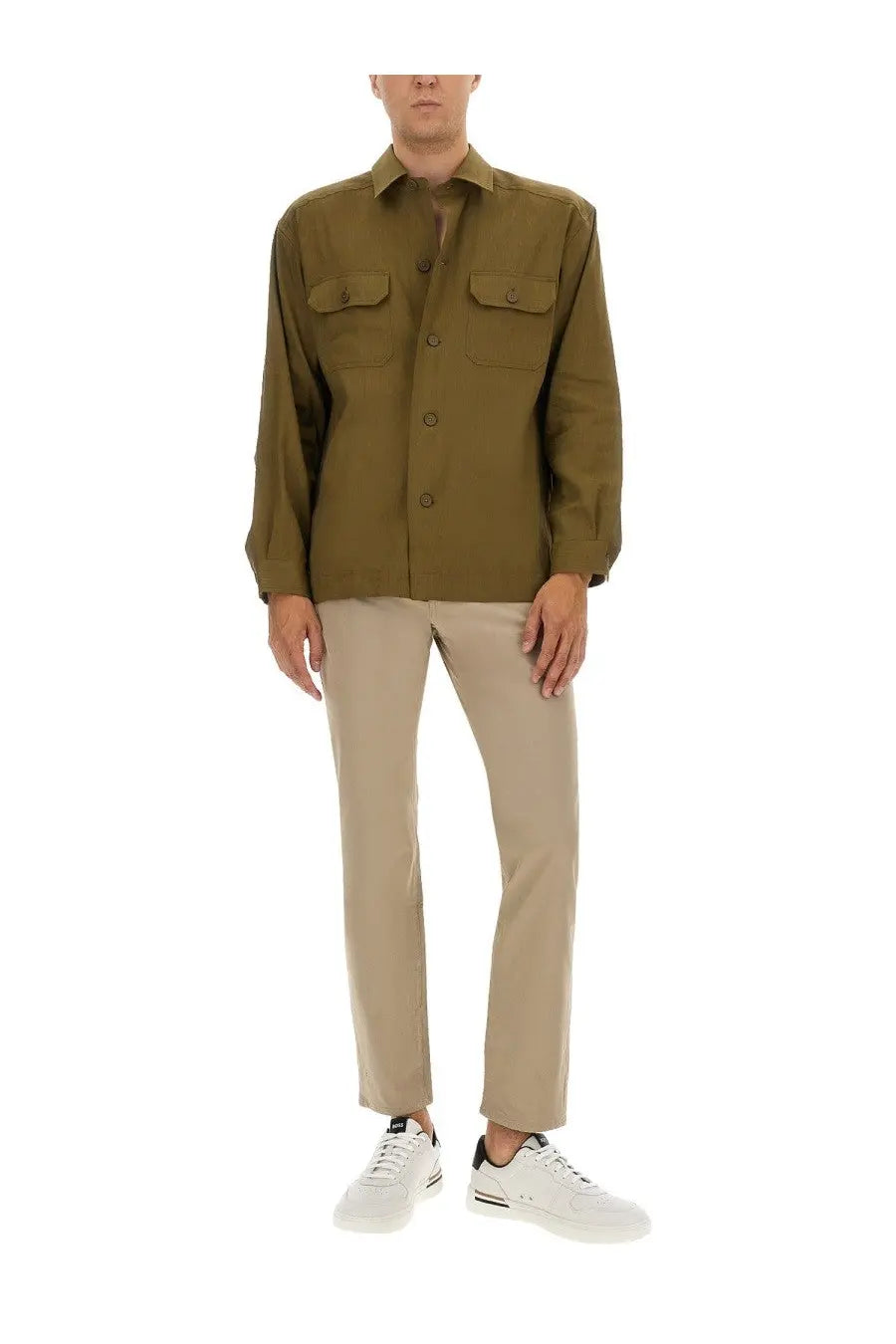 Olive green button-up shirt with two chest pockets and classic collar paired with boss men’s beige twill pants