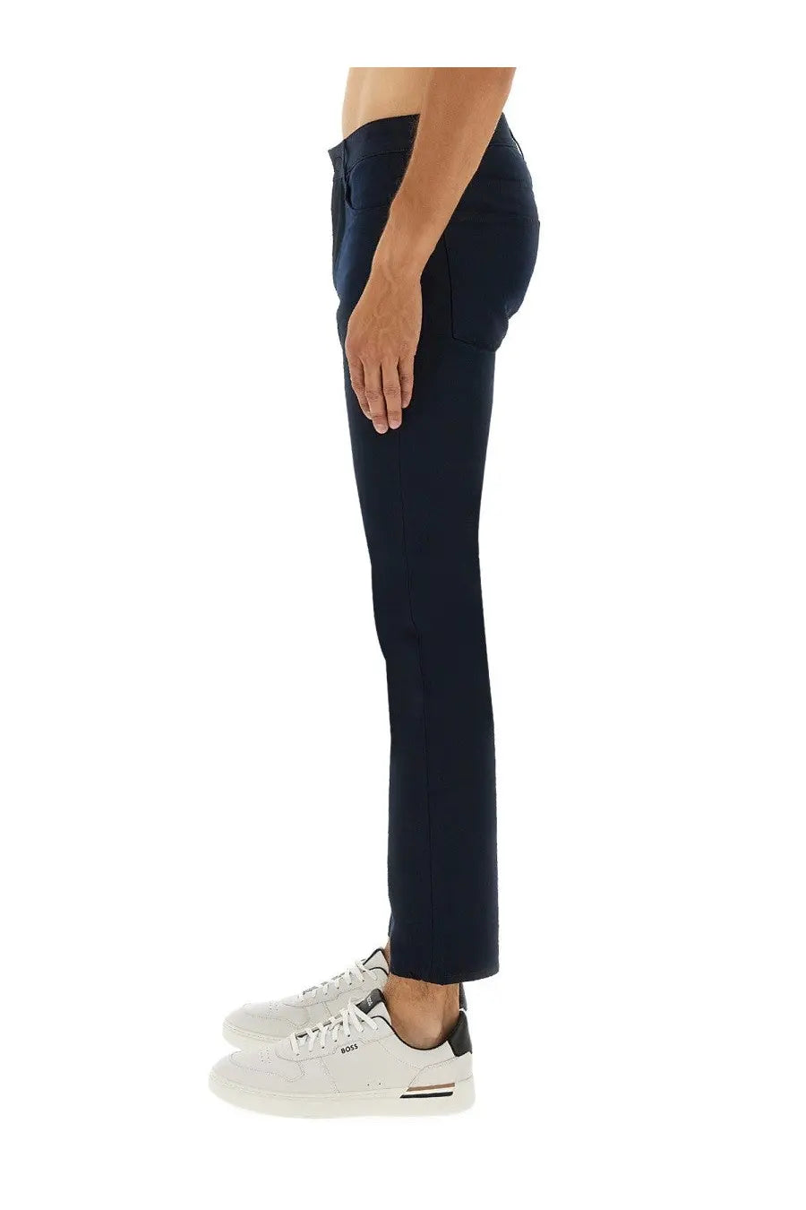 Dark navy blue BOSS men’s slim-fit twill pants with a tailored cut and subtle stitching details