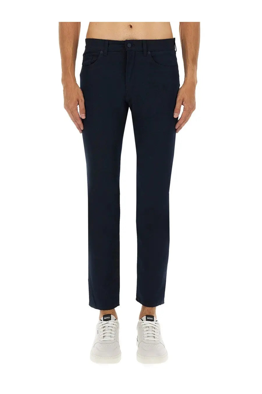 BOSS men’s twill pants blue slim-fit dark navy trousers with a clean tailored design and subtle stitching details