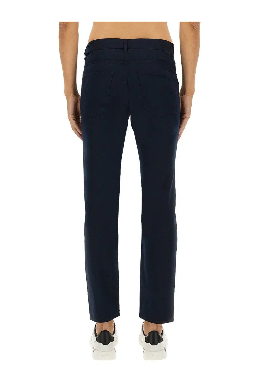 Dark navy blue BOSS men’s twill pants with straight-leg cut and tailored fit perfect for formal wear