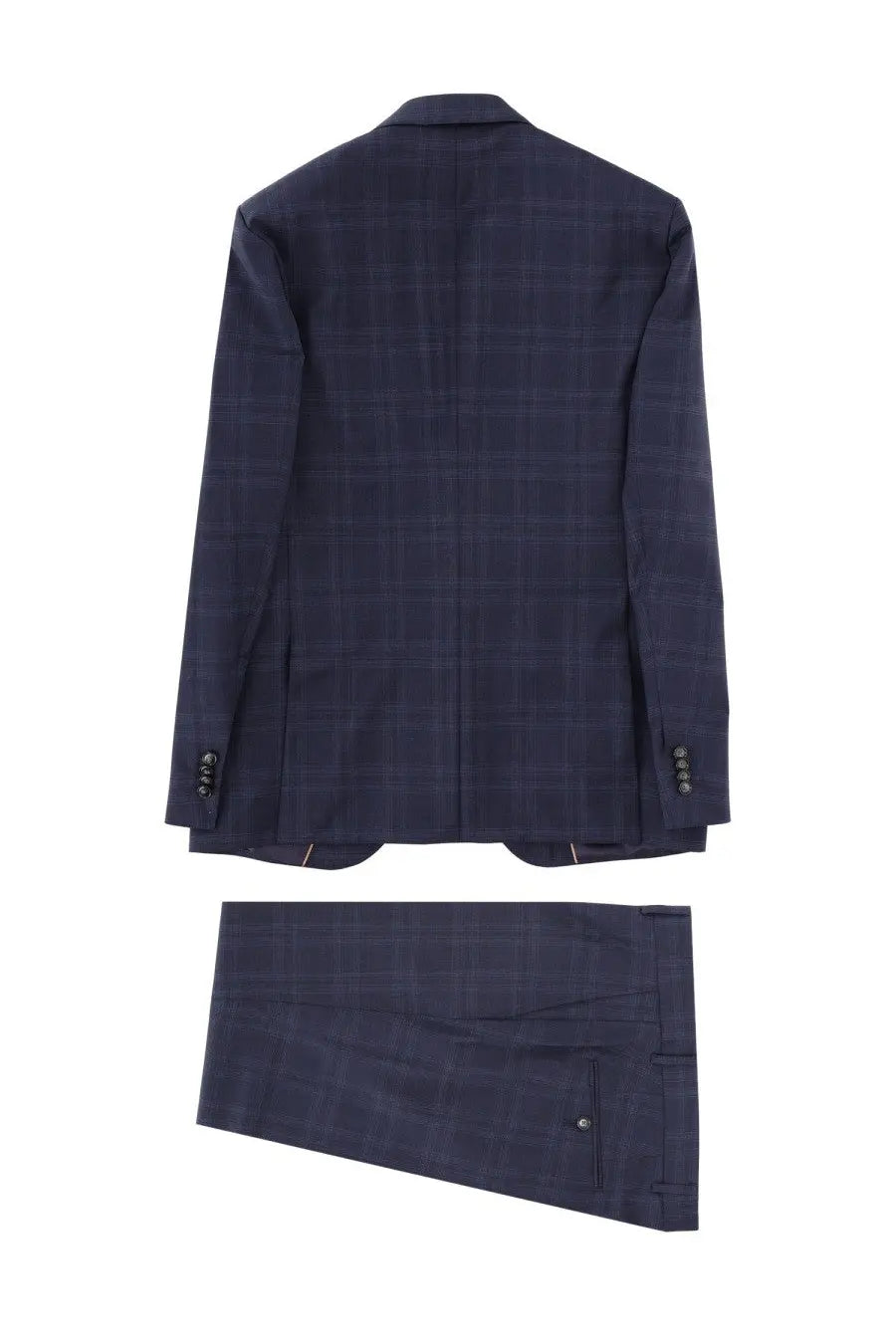 Navy blue plaid wool two piece dress suit with classic double breasted jacket and matching trousers by BOSS men
